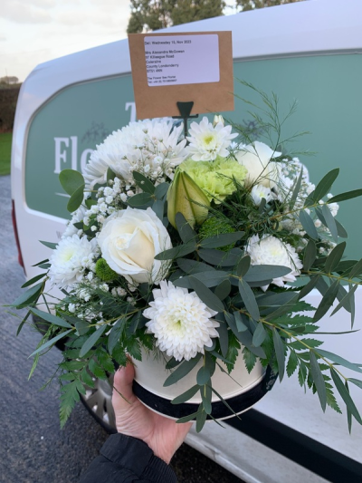 White Hat Box - Beautiful hat box in whites with beautiful foliage - order for same day delivery today